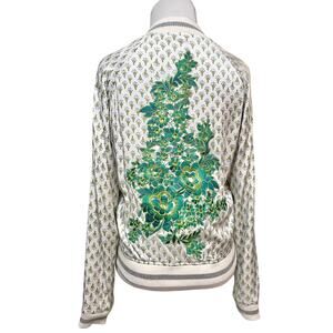 Tiny Editions Anthropologie Satin Bomber Jacket XS Floral Embroidered Boho